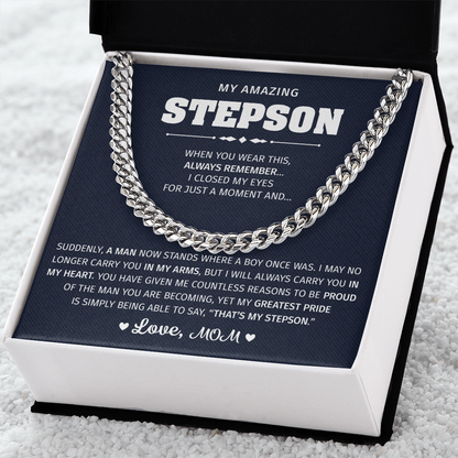 Silver necklace with an emotional message for a stepson.

