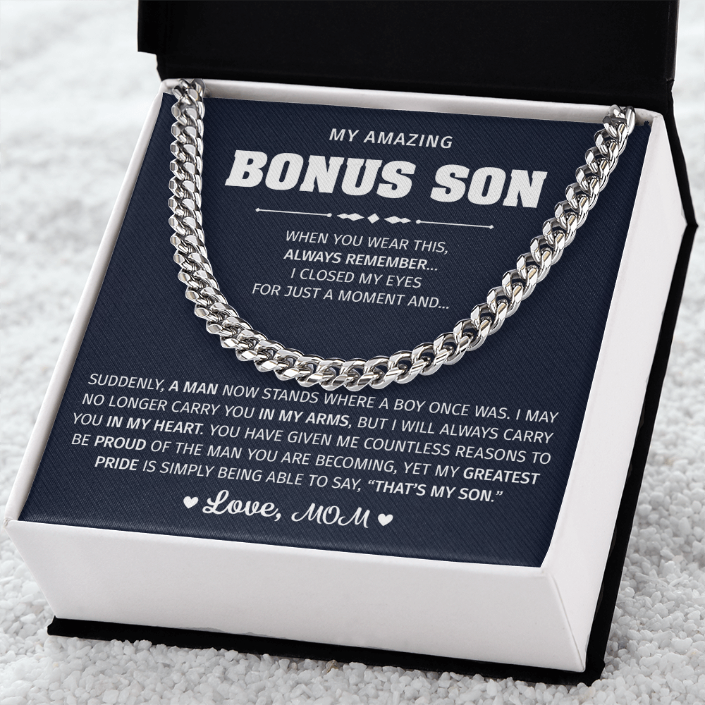 Silver necklace with a lion graphic for a bonus son.