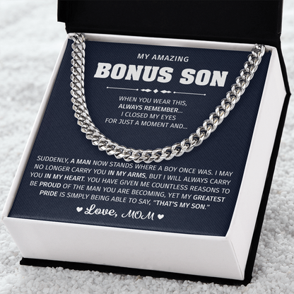 Silver necklace with a lion graphic for a bonus son.