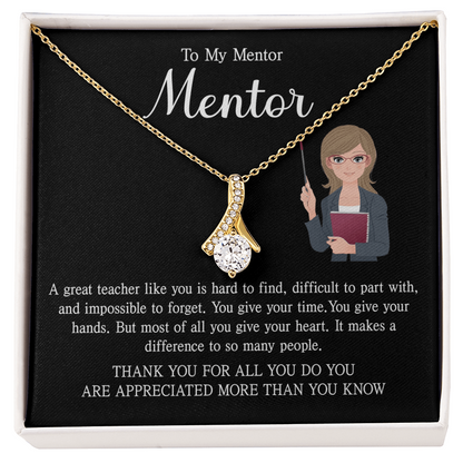 a teacher necklace with a heartfelt message card
