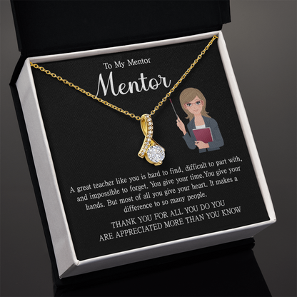 a teacher necklace with a heartfelt message card