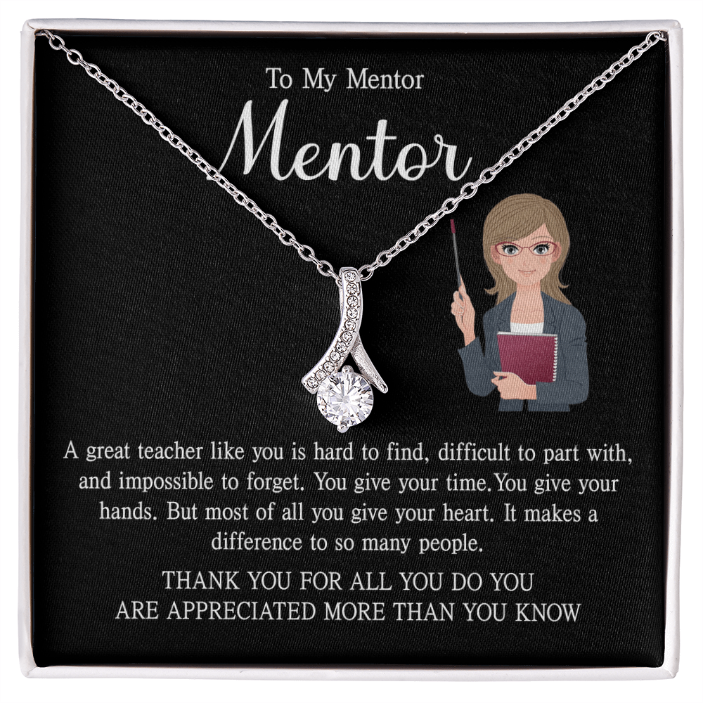 a teacher necklace with a heartfelt message card