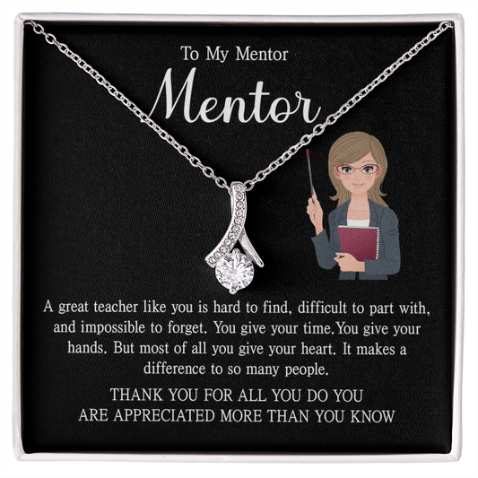 a teacher necklace with a heartfelt message card