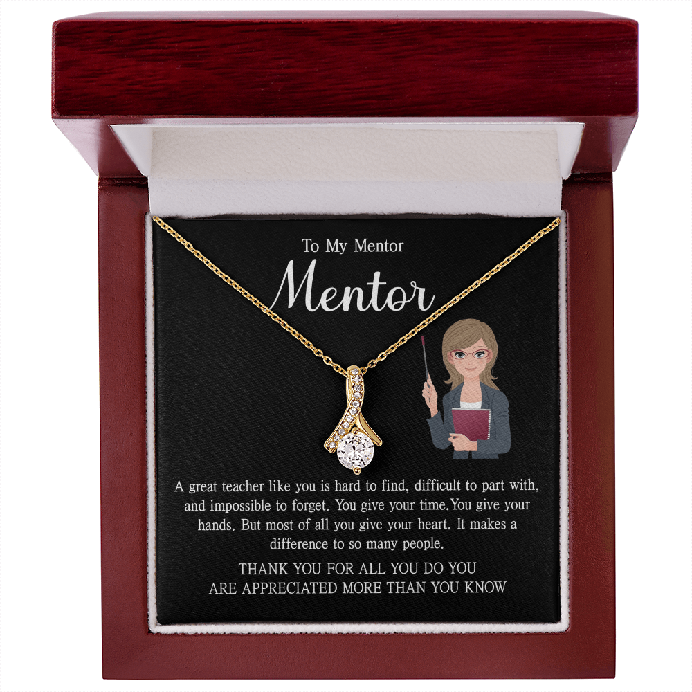 a teacher necklace with a heartfelt message card