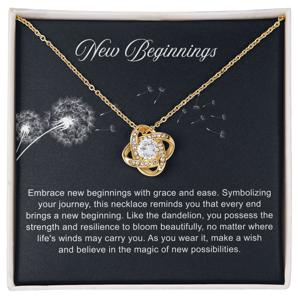 Silver open heart pendant necklace with a center stone, gifted with a "New Chapter" message.


