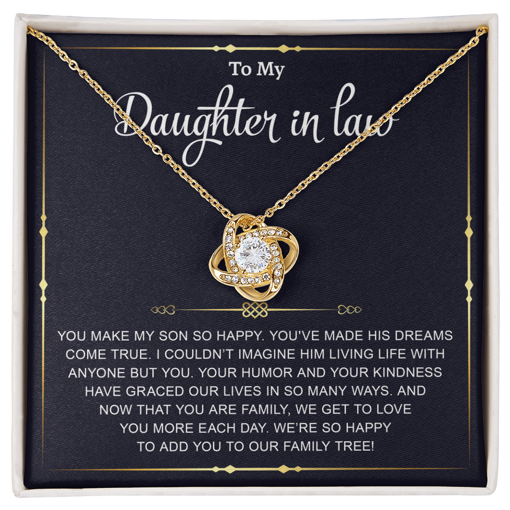 Gifts for Daughter-in-Law – Elegant Love Knot Necklace with Heartfelt Message, Necklace Gifts for Her