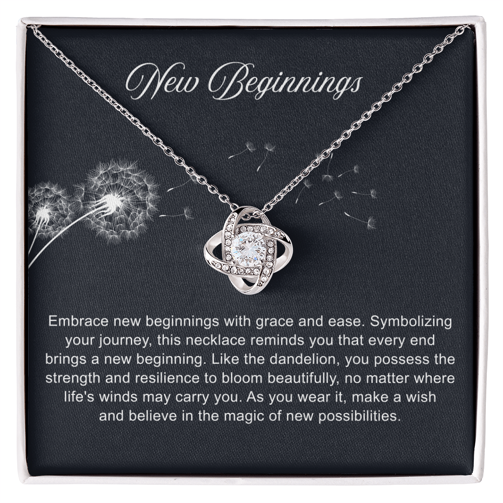 Silver open heart pendant necklace with a center stone, gifted with a "New Chapter" message.

