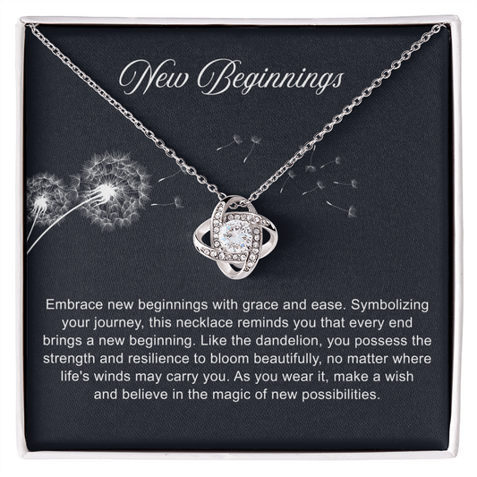Silver open heart pendant necklace with a center stone, gifted with a "New Chapter" message.

