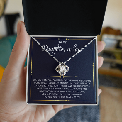 Gifts for Daughter-in-Law – Elegant Love Knot Necklace with Heartfelt Message, Necklace Gifts for Her
