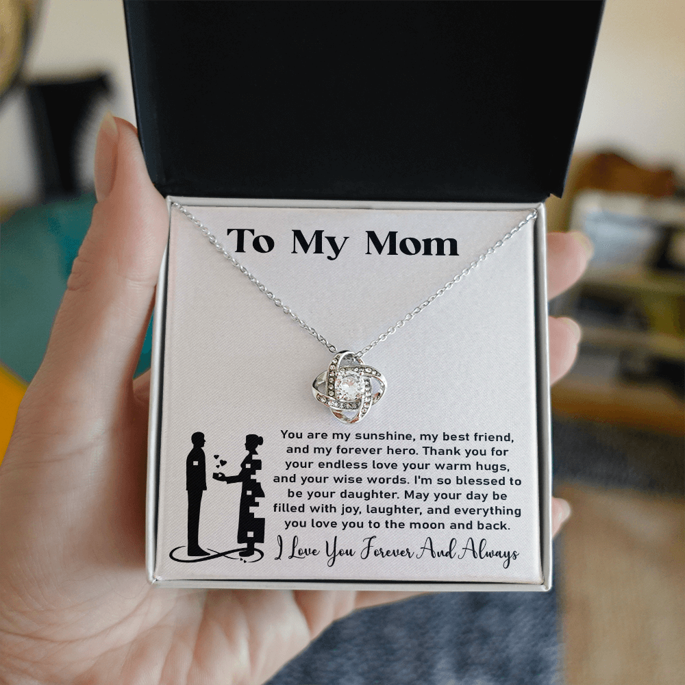 Silver Love Knot necklace gift box with a heartfelt message
