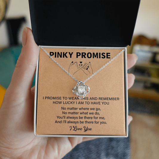 Love Knot necklace with a pinky promise graphic