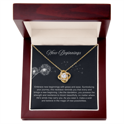 Silver open heart pendant necklace with a center stone, gifted with a "New Chapter" message.

