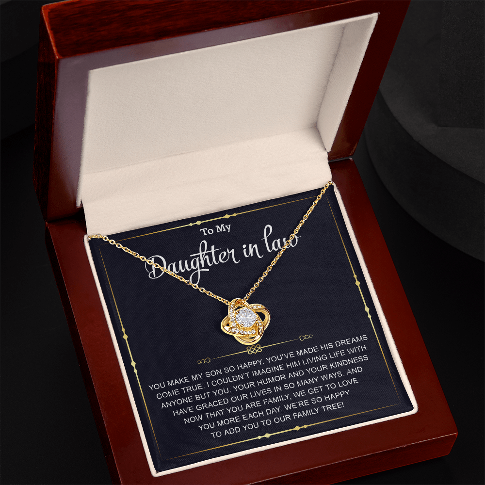 Gifts for Daughter-in-Law – Elegant Love Knot Necklace with Heartfelt Message, Necklace Gifts for Her
