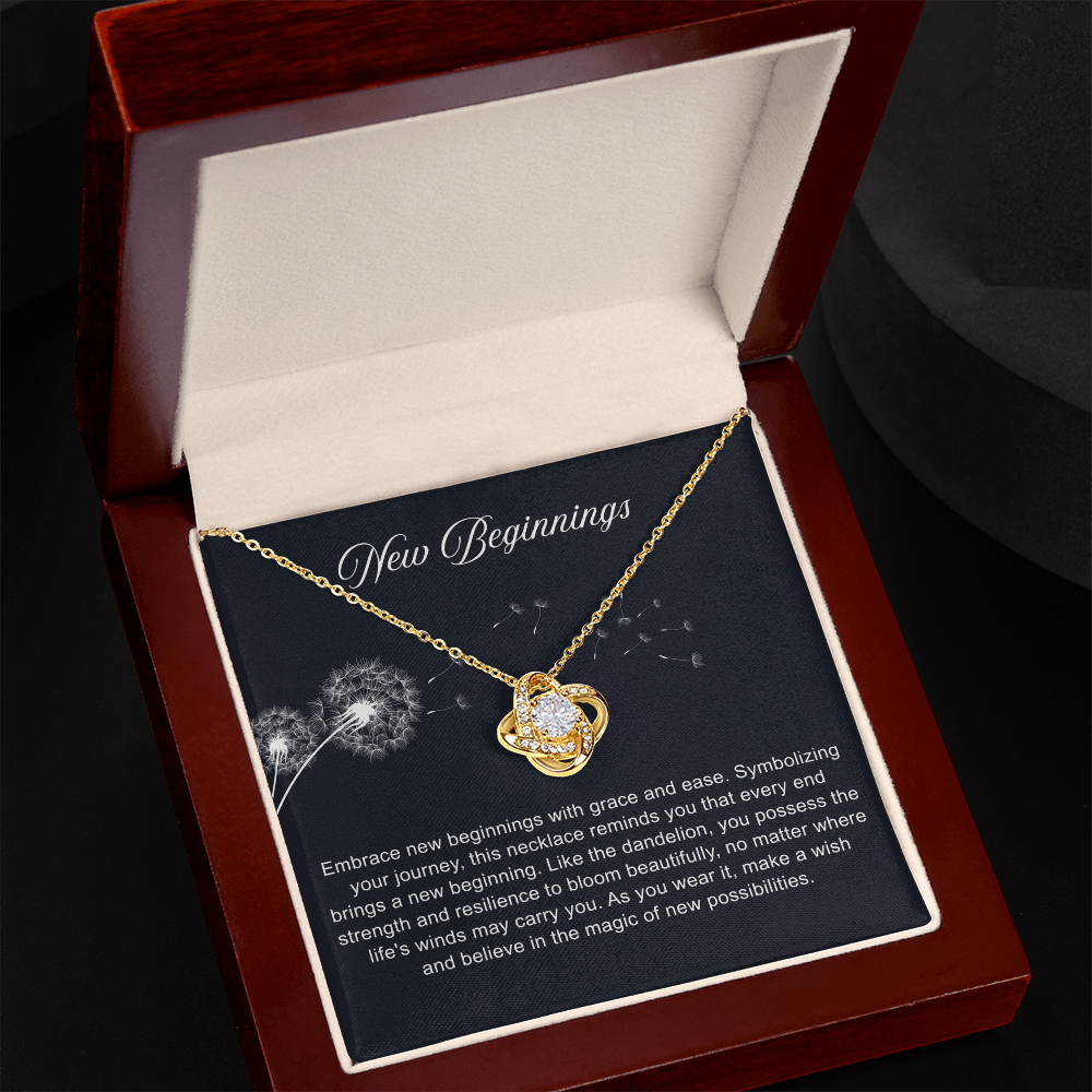 Silver open heart pendant necklace with a center stone, gifted with a "New Chapter" message.

