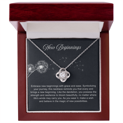 Silver open heart pendant necklace with a center stone, gifted with a "New Chapter" message.


