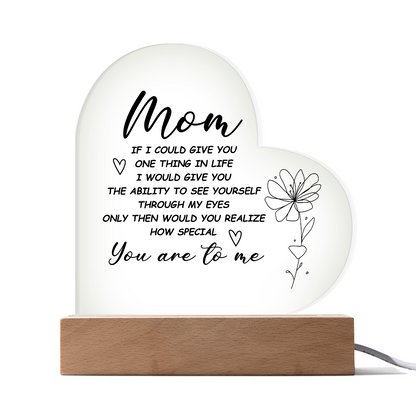 Heart-shaped acrylic LED night light with a sentimental message for moms.