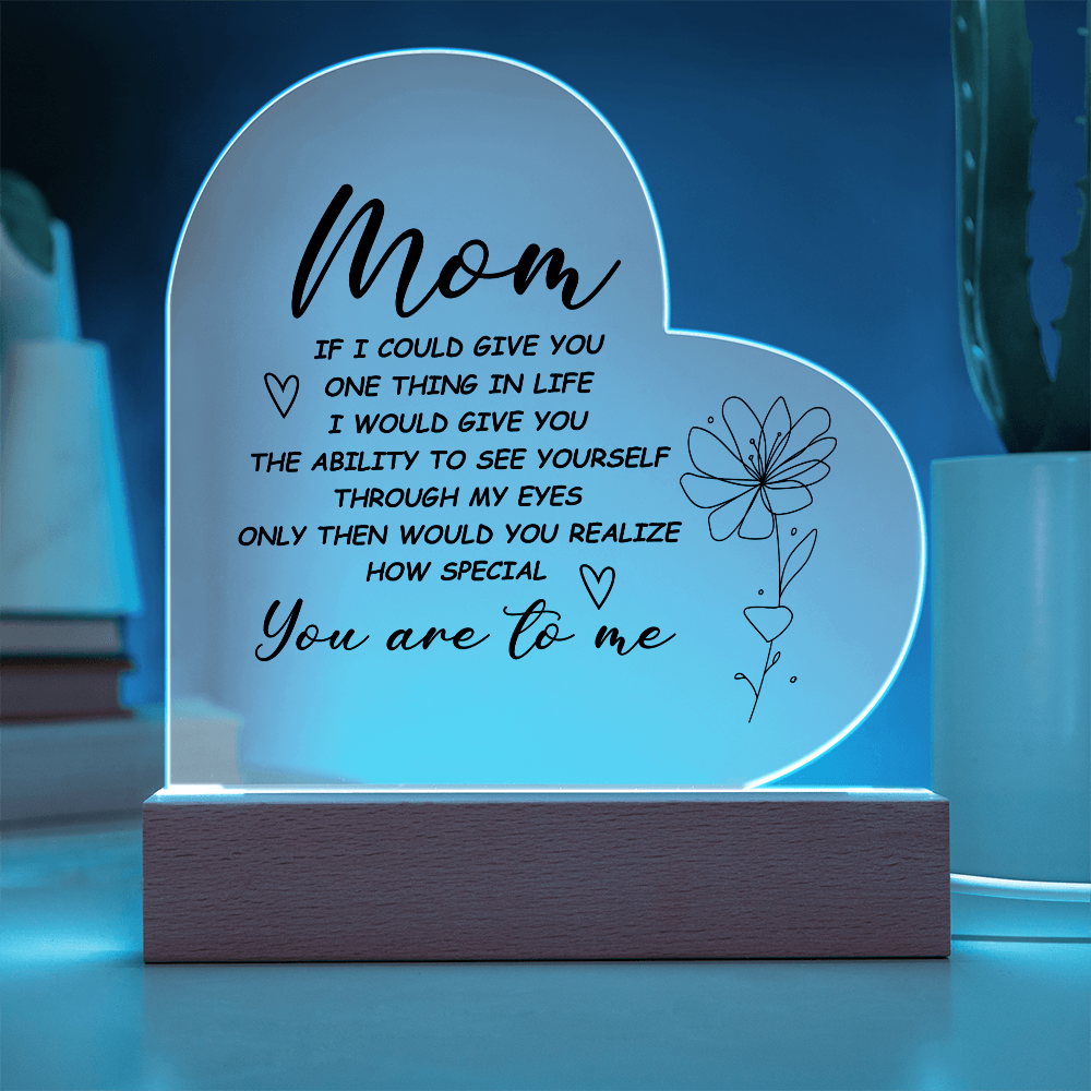 Heart-shaped acrylic LED night light with a sentimental message for moms.