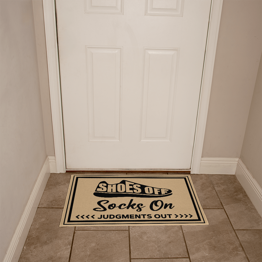 Welcome Mat and Door Rug - Shoes Off, Socks On, Judgments Out