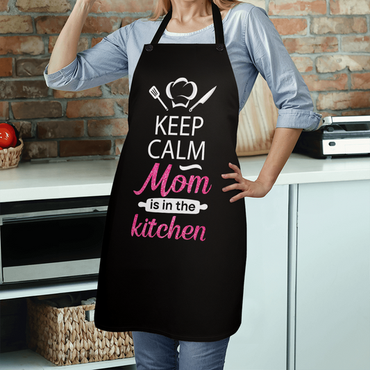 Black kitchen apron with a sentimental message for moms.