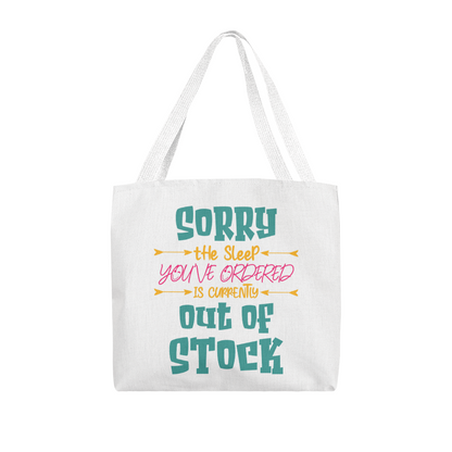 Funny canvas tote bag with red handles featuring the quote