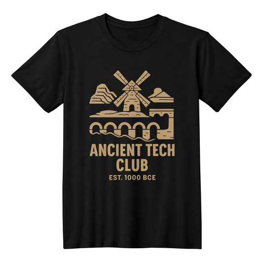 Ancient Tech Club T-Shirt – Windmill & Aqueduct Design | Retro Civilization-Inspired Tee