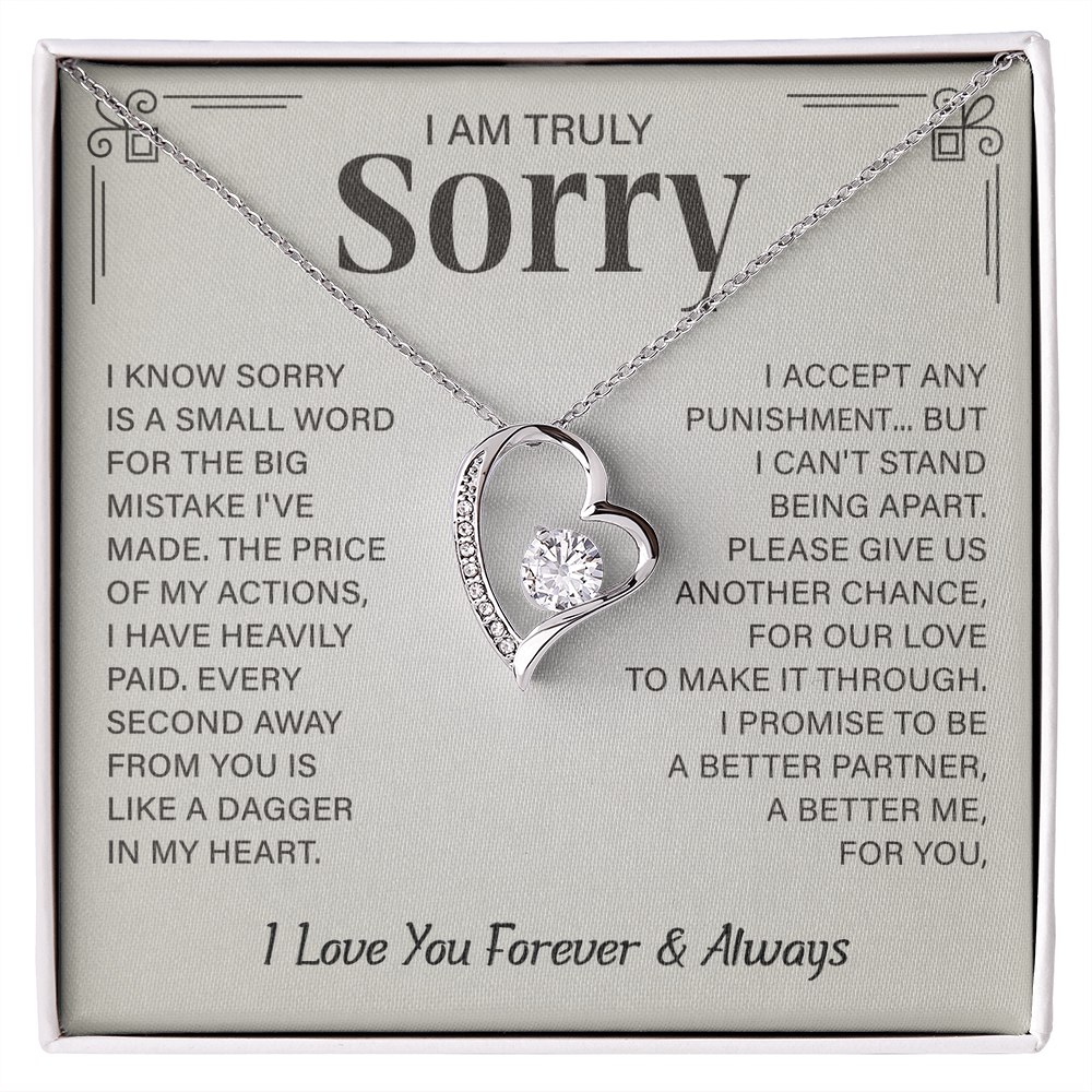 Sorry necklace in heart-shaped box.