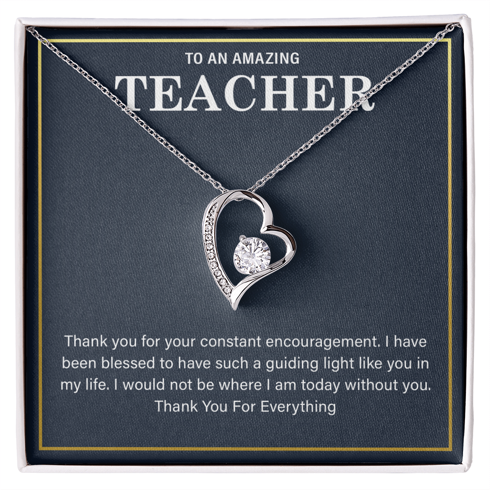 teacher gift necklace with heartfelt message in a display box.