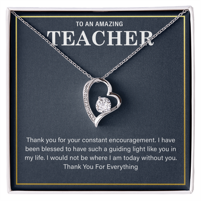 teacher gift necklace with heartfelt message in a display box.