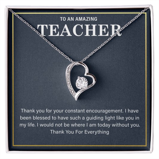 teacher gift necklace with heartfelt message in a display box.