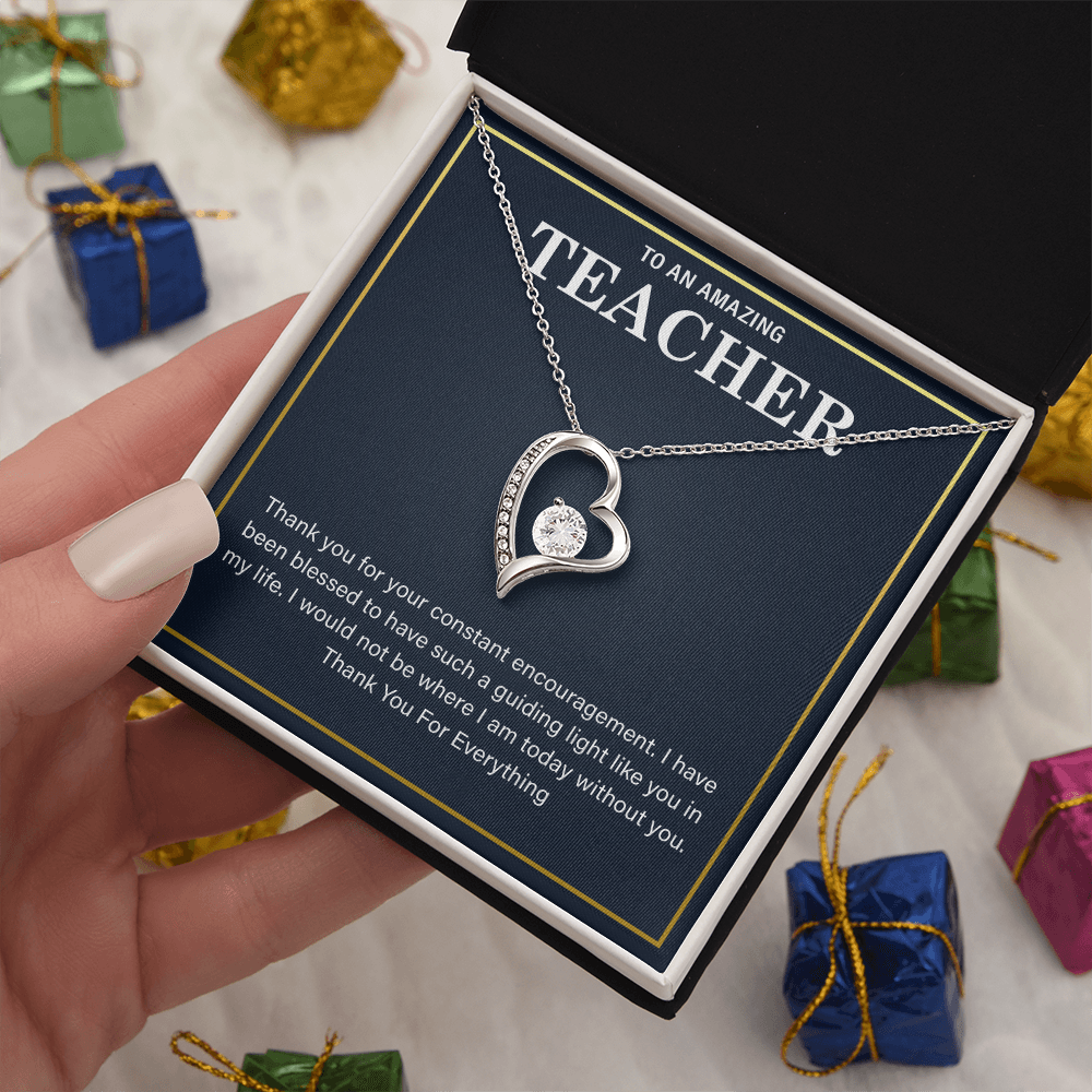 teacher gift necklace with heartfelt message in a display box.