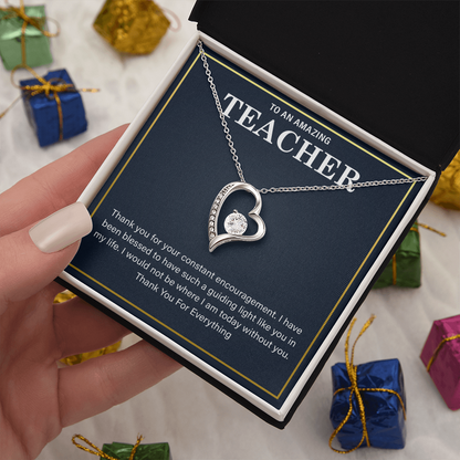 teacher gift necklace with heartfelt message in a display box.