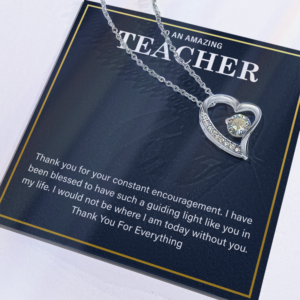 a teacher necklace with a heartfelt message card