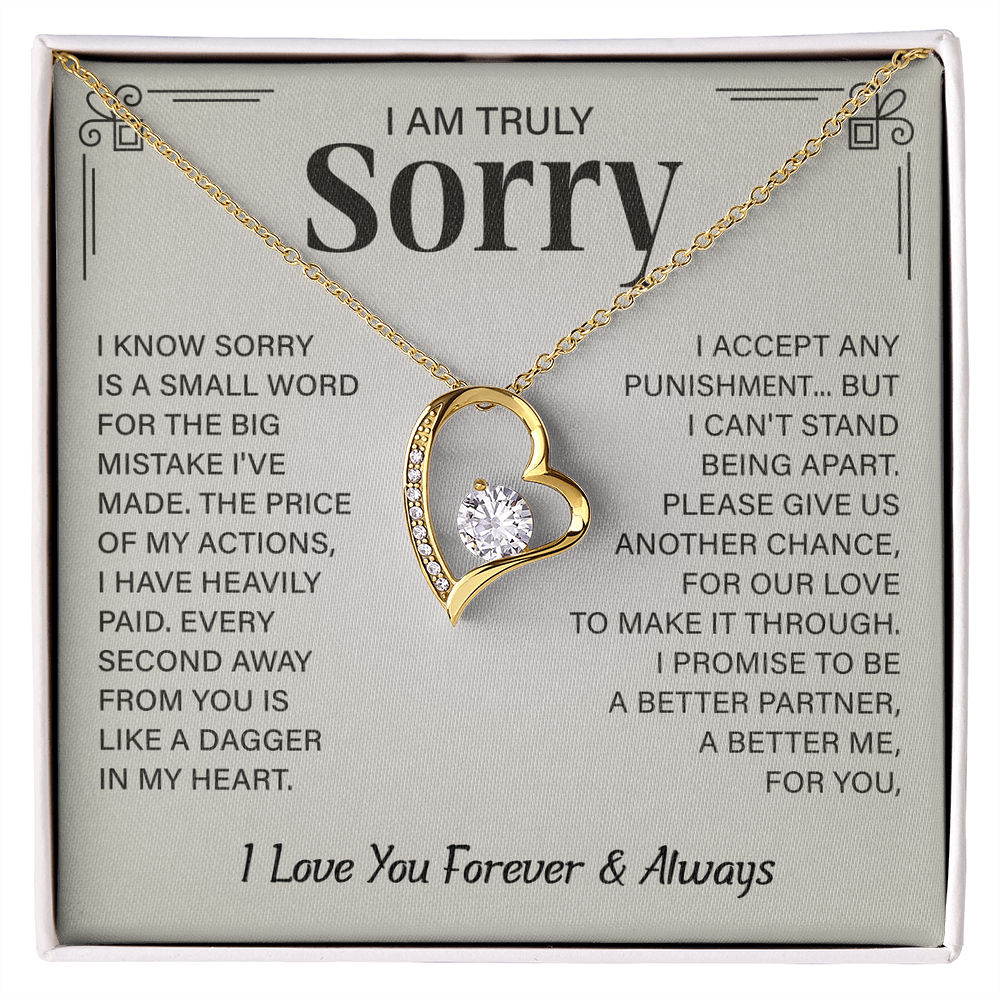 Sorry necklace in heart-shaped box.