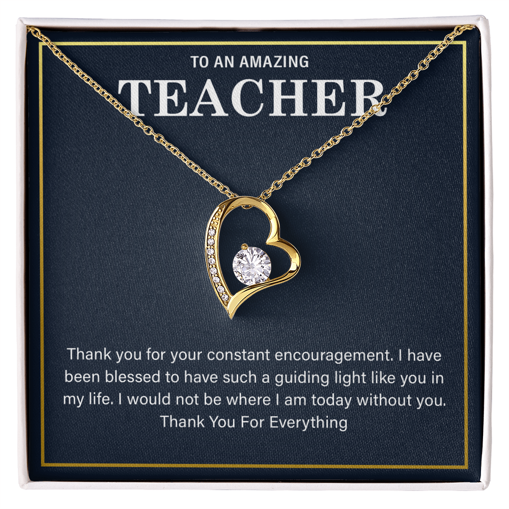 a teacher necklace with a heartfelt message card