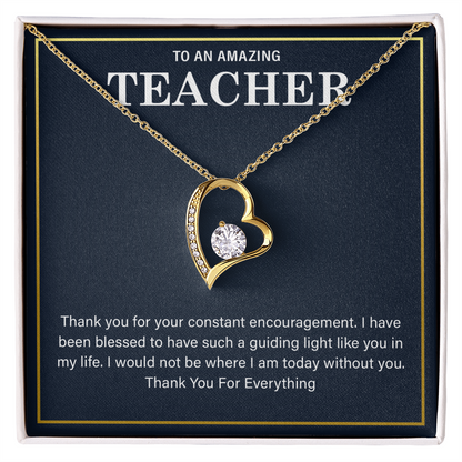 a teacher necklace with a heartfelt message card