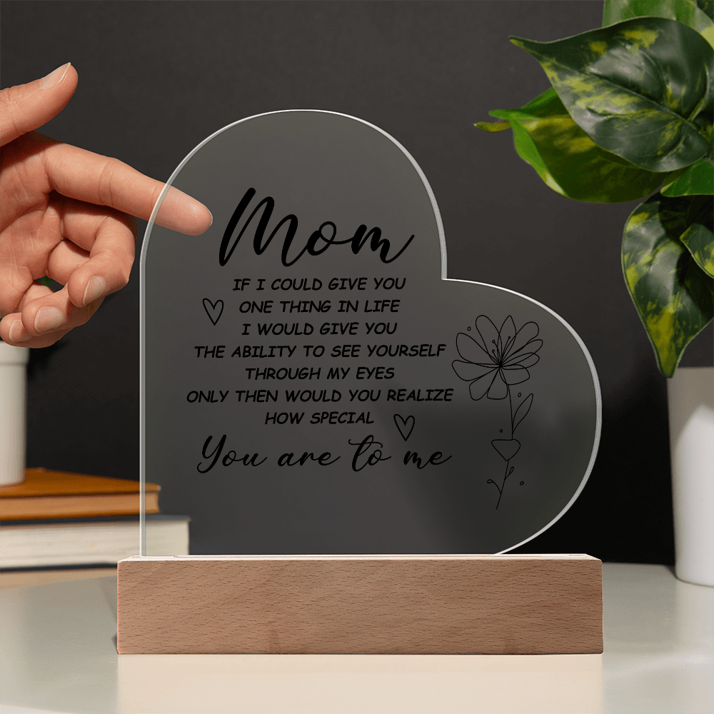 Heart-shaped acrylic LED night light with a sentimental message for moms.