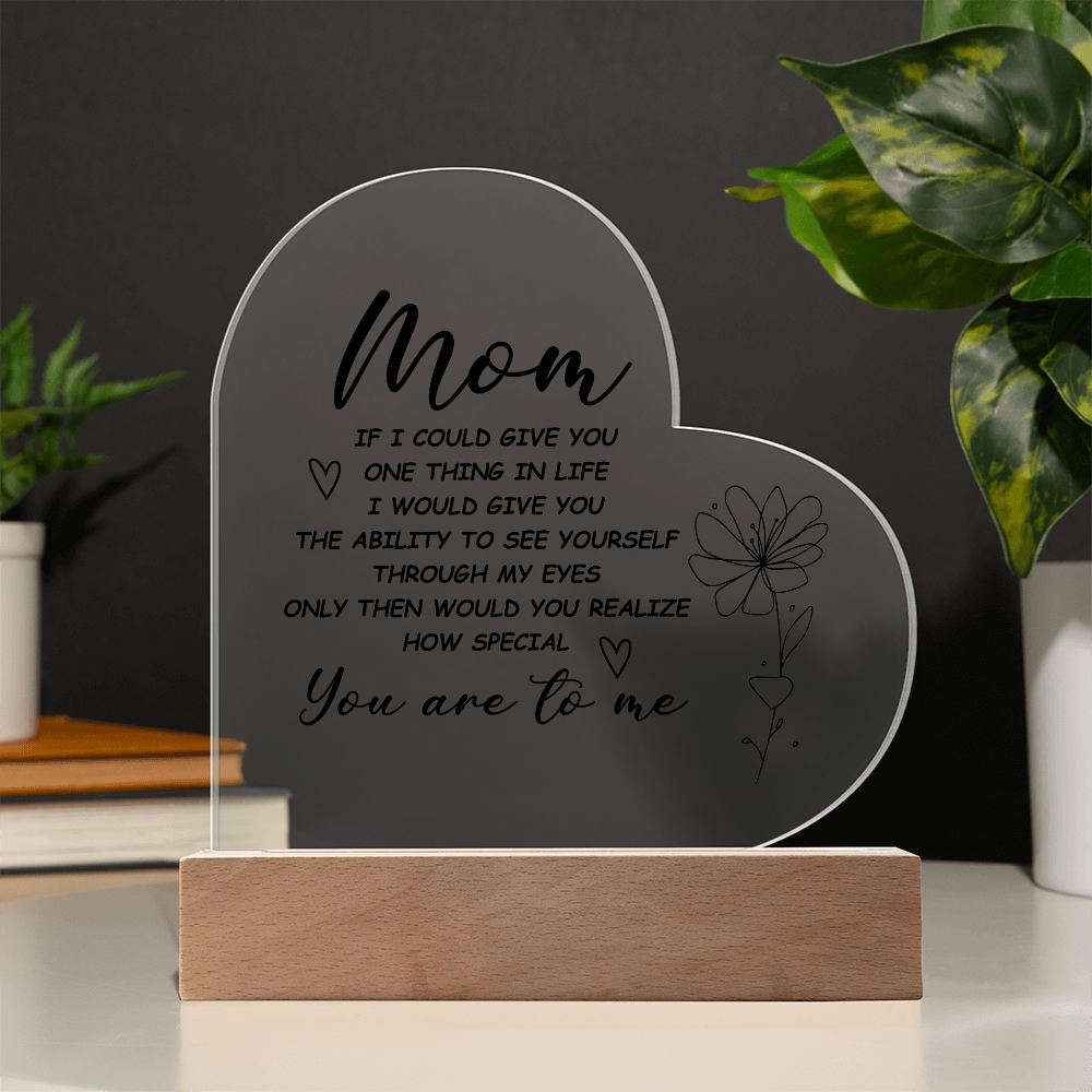 Heart-shaped acrylic LED night light with a sentimental message for moms.