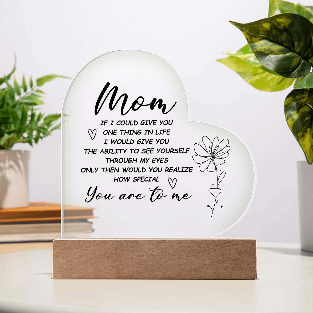 Heart-shaped acrylic LED night light with a sentimental message for moms.