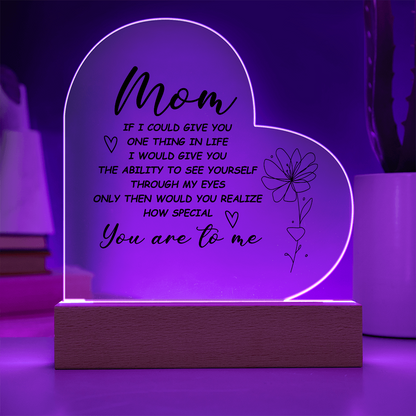 Heart-shaped acrylic LED night light with a sentimental message for moms.