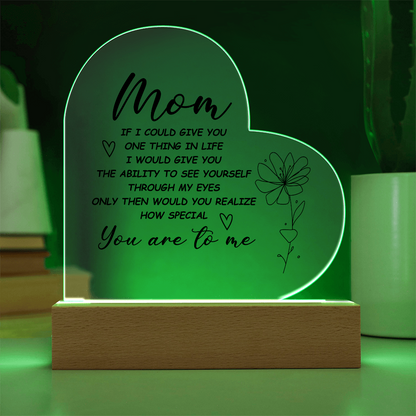 Heart-shaped acrylic LED night light with a sentimental message for moms.