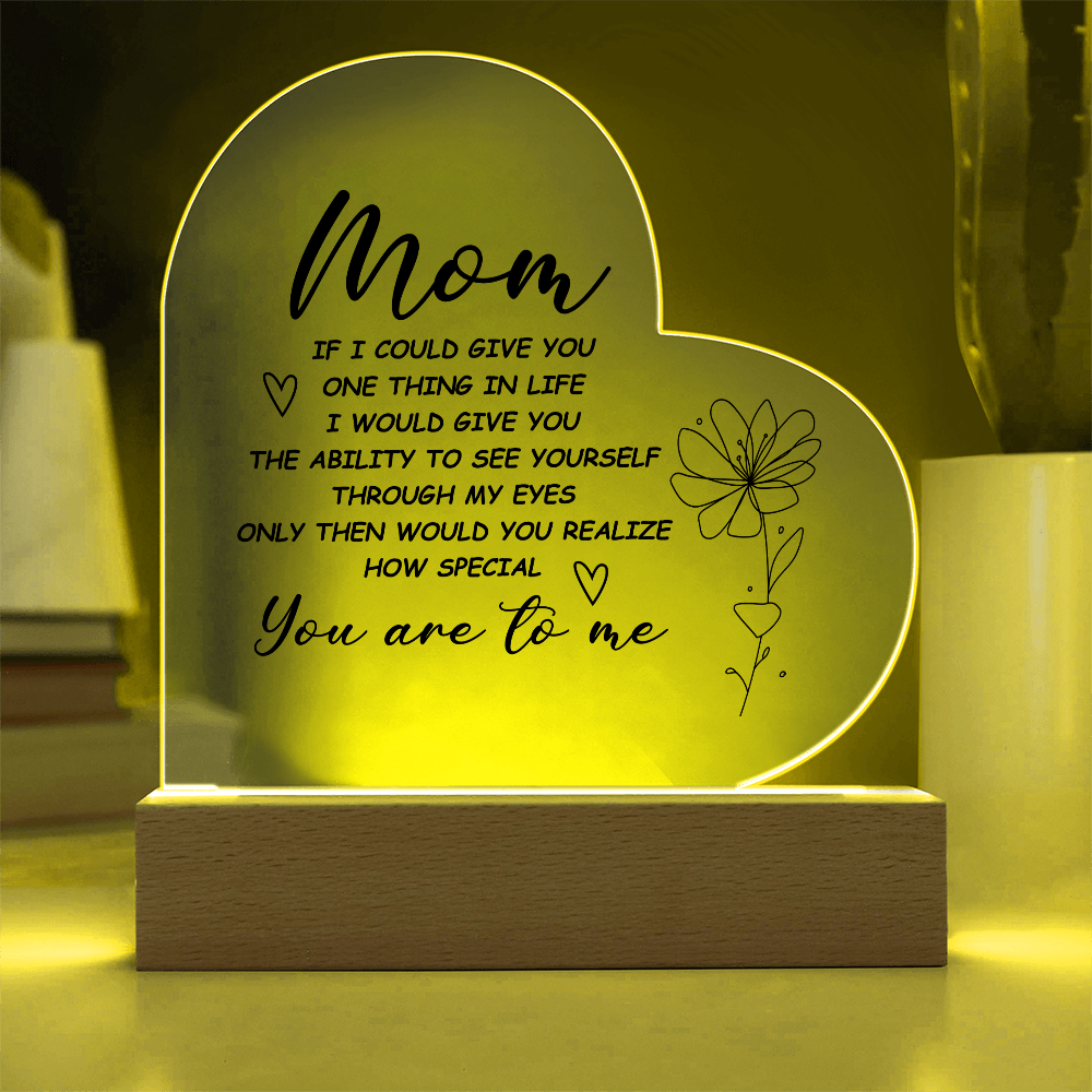 Heart-shaped acrylic LED night light with a sentimental message for moms.