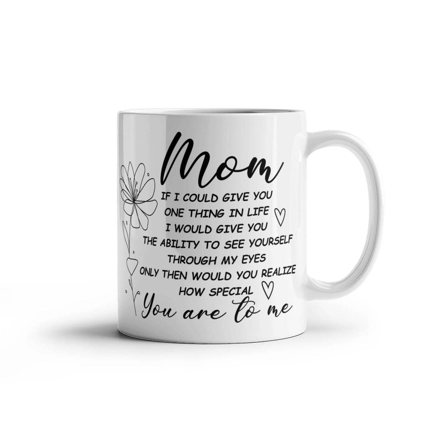 White ceramic mug with a heartfelt message for moms.