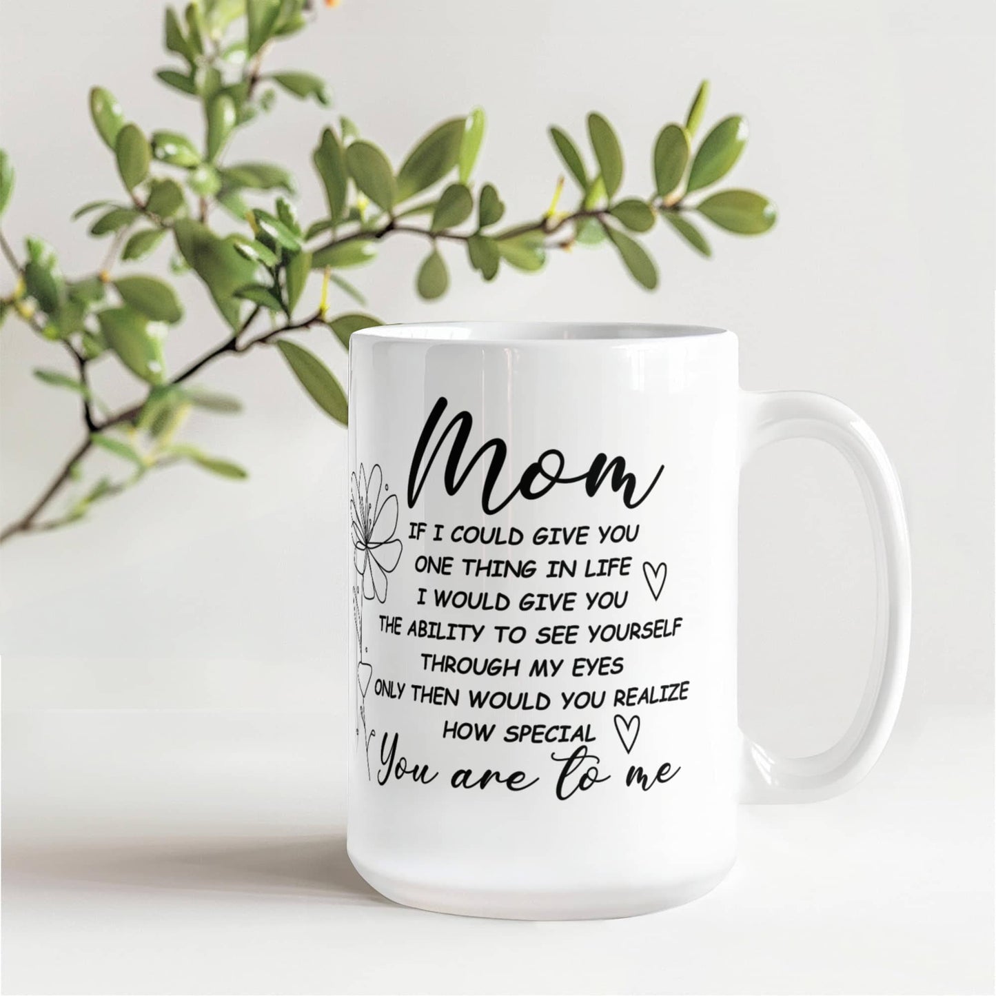 White ceramic mug with a heartfelt message for moms.