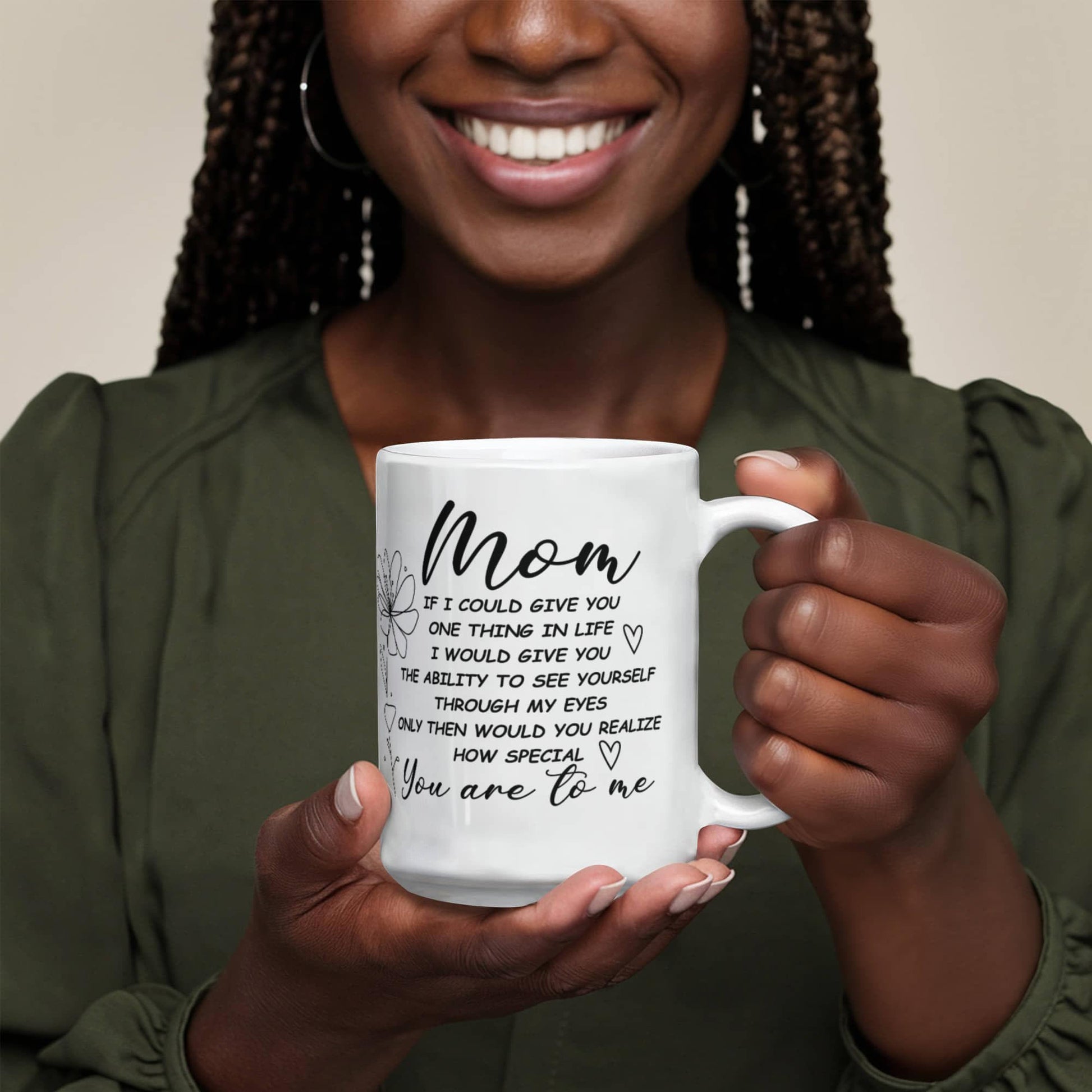 White ceramic mug with a heartfelt message for moms.