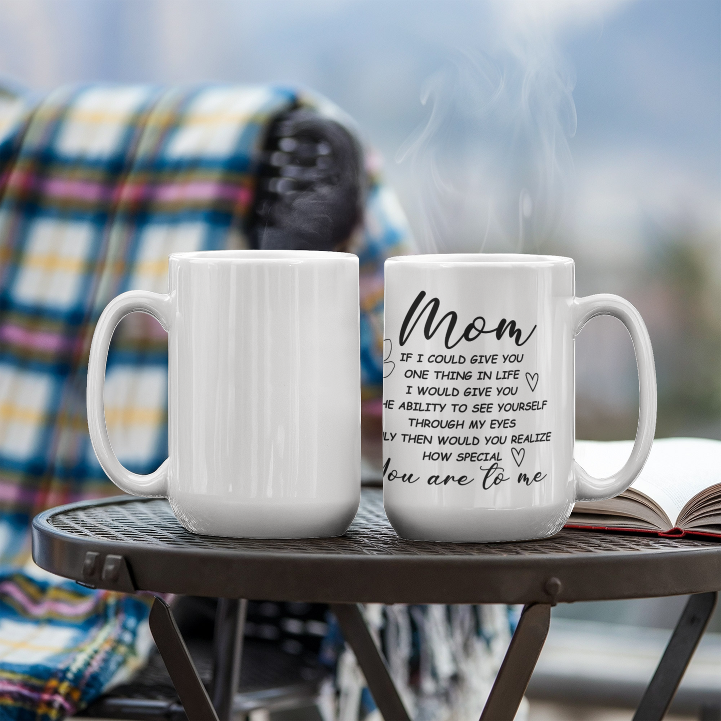 White ceramic mug with a heartfelt message for moms.